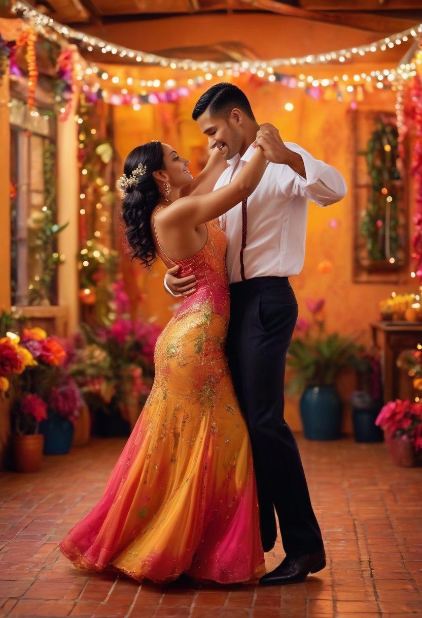 A passionate couple dancing closely in a vibrant salsa setting, surrounded by colorful decorations and cultural elements symbolizing Latino heritage. The backdrop features warm, inviting hues, with twinkling fairy lights casting a romantic glow. Incorporate traditional attire, and a sense of rhythm and movement that captures the essence of seduction and romance. super-realistic. vibrant colors. cinematic lighting.