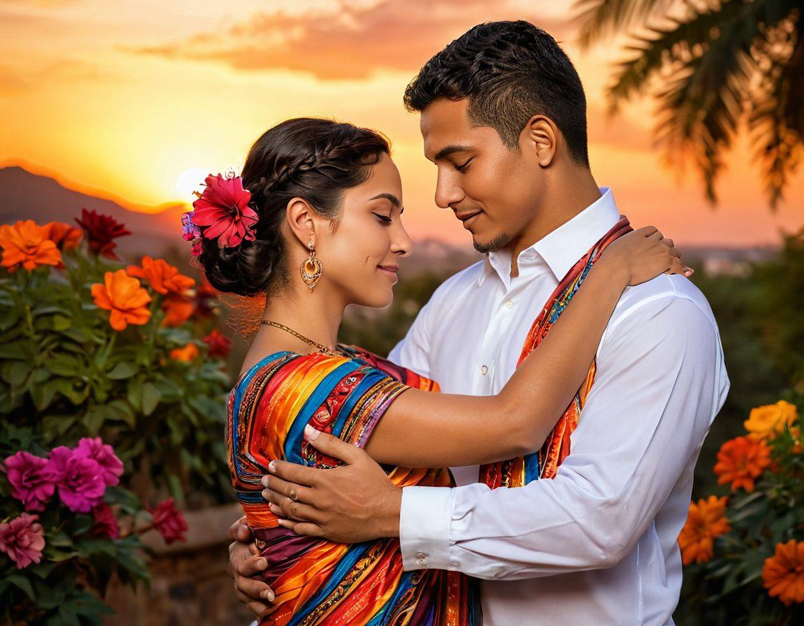 A passionate embrace between a Latino couple, set against a warm sunset background, with hints of traditional Latin elements like vibrant flowers and colorful textiles. The couple expresses deep connection and intimacy, with soft lighting that enhances their features and emotions. Include subtle symbols of romance, such as a heart-shaped necklace and intertwined hands. painterly style. vibrant colors. romantic atmosphere.
