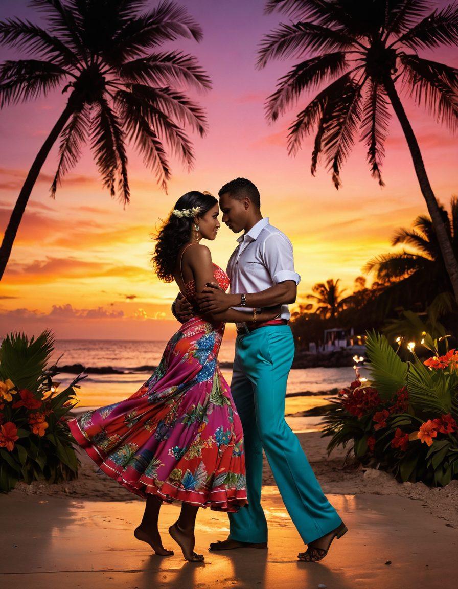 A passionate couple dancing the salsa under a vibrant sunset, adorned in colorful traditional attire. Surrounding them, tropical flowers and twinkling fairy lights create a romantic atmosphere. In the background, silhouettes of palm trees highlight the Latino cultural essence. The scene embodies warmth, romance, and energy, inviting viewers to explore the secrets of love. super-realistic. vibrant colors. tropical setting.